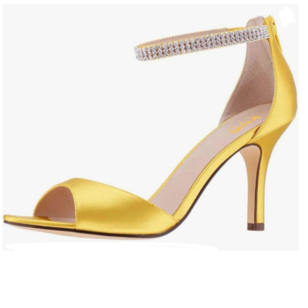 XYD Yellow Open Toe Rhinestones Ankle Strap Sandals Mid Heel Pumps Bridal Shoes